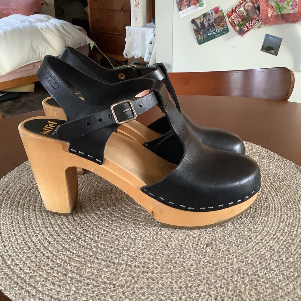 Swedish Hasbeen's Black T Strap Sky High Heels size 39